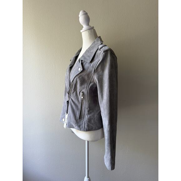 SL8 Gray 100% Suede Leather Moto Jacket L Women’s Biker Asymmetrical Zip Epaulet - Picture 2 of 10